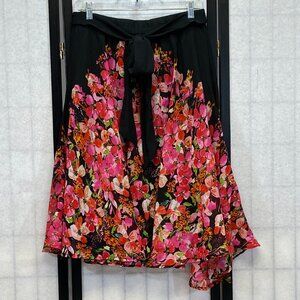 Mix Nouveau Floral Chiffon Midi Skirt L Pink Black Stretch Waist Sheer Boho